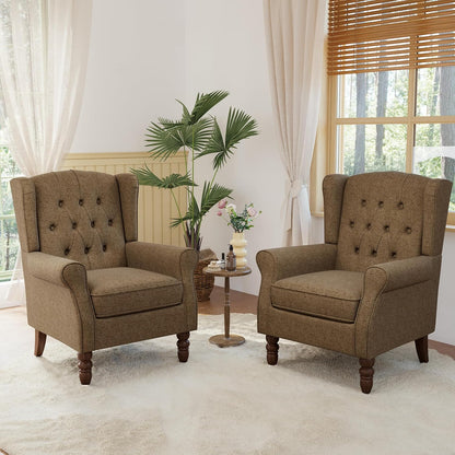 Lumibee High Back Accent Chair Set of 2,Upholstered Wingback Armchair with Solid Wood Legs for Small Spaces,Comfy Single Sofa Chair for Living Room,Bedroom,Office-Brown