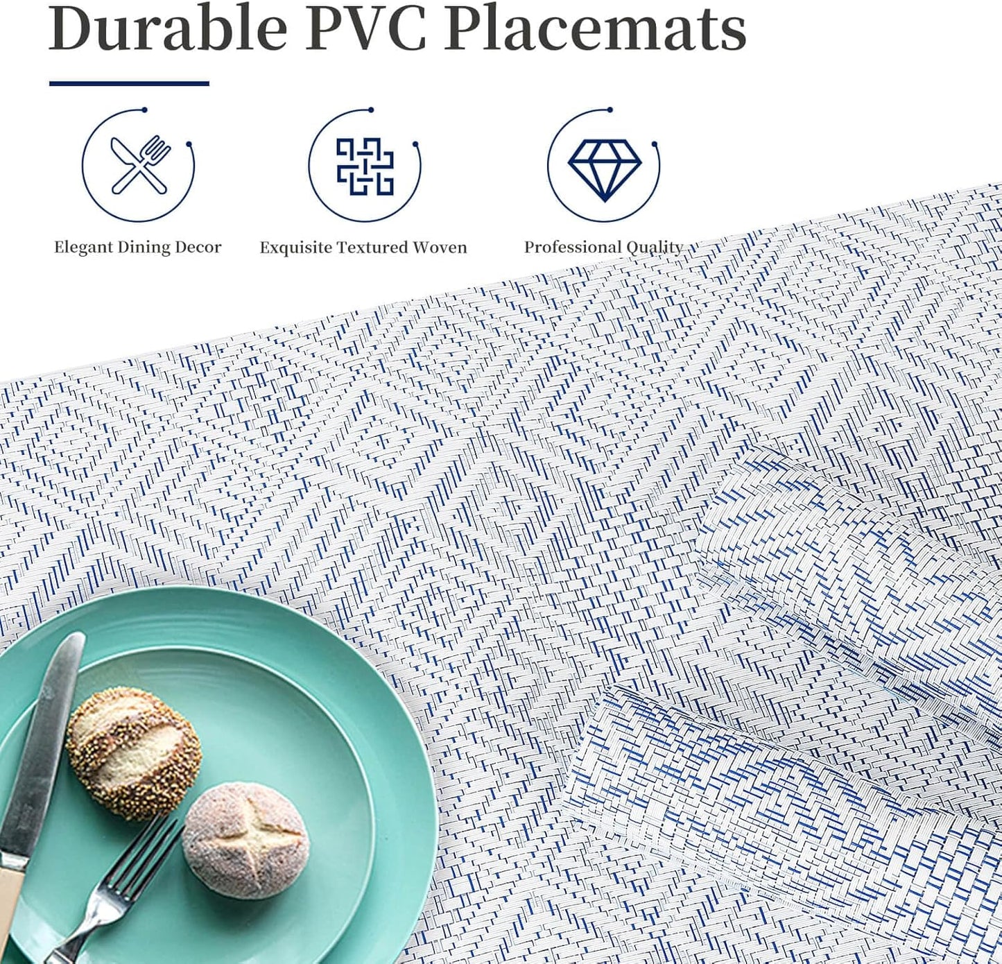 Vinyl Plastic Placemats Set of 6 Washable Heat Resistant Non-Slip Elegant Indoor Outdoor Kitchen Dining PVC Woven Table Place Mats (Blue Squares)