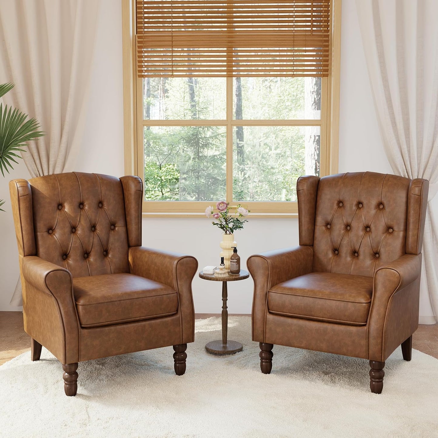High Back Accent Chairs Set of 2,Upholstered Faux Leather Wingback Armchairs with Solid Wood Legs for Small Spaces,Comfy Single Sofa Chairs for Living Room,Bedroom,Office-Brown