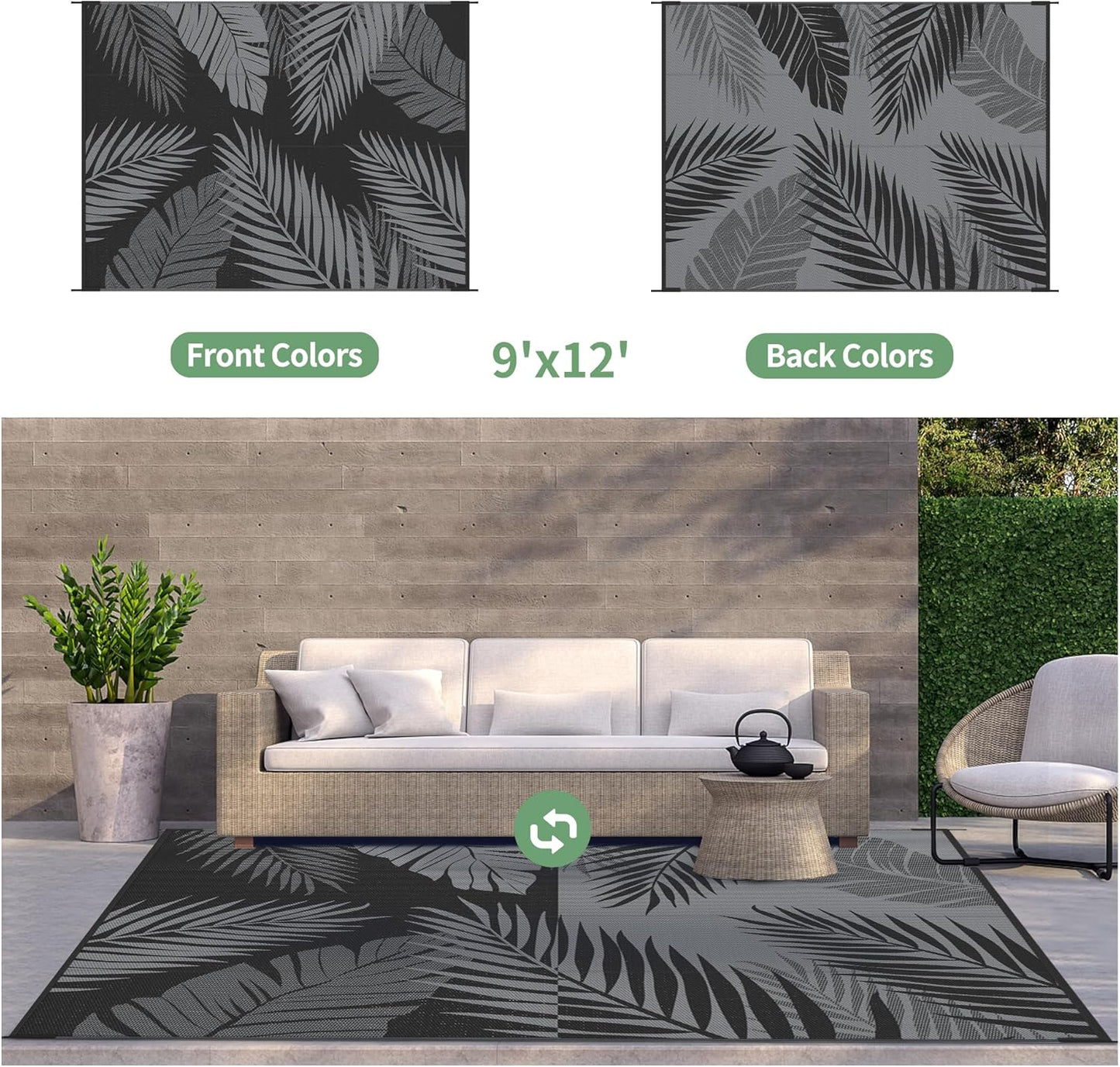 GENIMO Outdoor Rug 9' x 12' Waterproof for Patios Clearance, Reversible Outdoor Plastic Straw Camping Rug Carpet, Large Area Rugs Mats for RV, Camper, Deck, Balcony, Porch, Beach, Picnic, Black&Grey