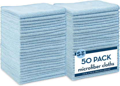S&T INC. 50 Pack Microfiber Cleaning Cloth, Bulk Towels for Home, Reusable Microfiber Towels for Cars, Cleaning Rags, Light Blue, 11.5 Inches x 11.5 Inches, 50 Count