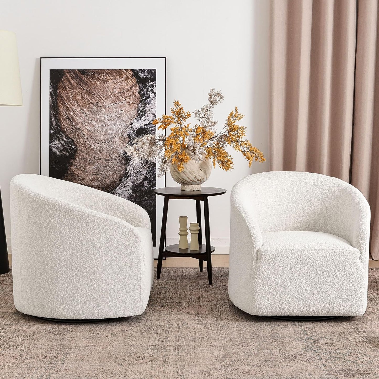 KINWELL 32" Wide Modern Boucle Swivel Barrel Chairs Set of 2, No Assembly Round Upholstered Swivel Accent Armchairs for Living Room, Bedroom (White)