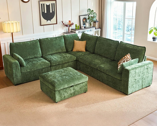 Oversized Modular Sofa Comfy Cloud Couch with Storage, Extra Deep Plush Sectional Sofa Set for Living Room, Covers Washable, Chenille, Olar (Green, 6-seatser with Corner & Ottoman, v-Shaped)