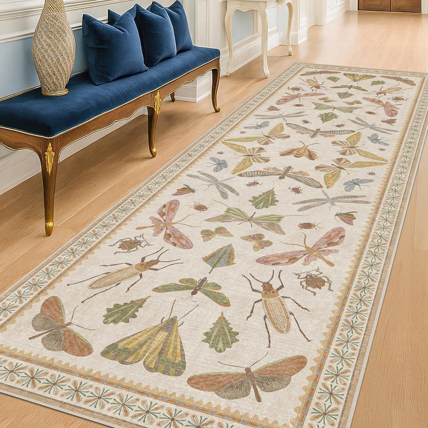 8 ft Long Hallway Rug - 2'6''x8' Wide Kitchen Runner Rug, Non-Slip & Stain Resistant Long Floor Rug, Neutral Beige Boho Floral Insect Decor