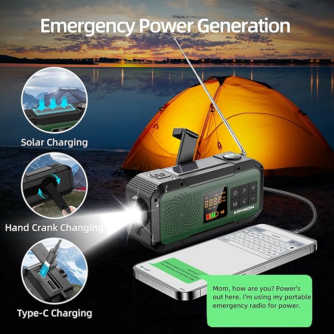 NOAA Weather Radio AM/FM,Portable 2000mAh Rechargeable Battery Operated with USB-C/Hand Crank/Solar Charging,Bluetooth Connectivity,Built-in Light, SOS Alert,Ideal for Camping,Hurricane and Storm Use
