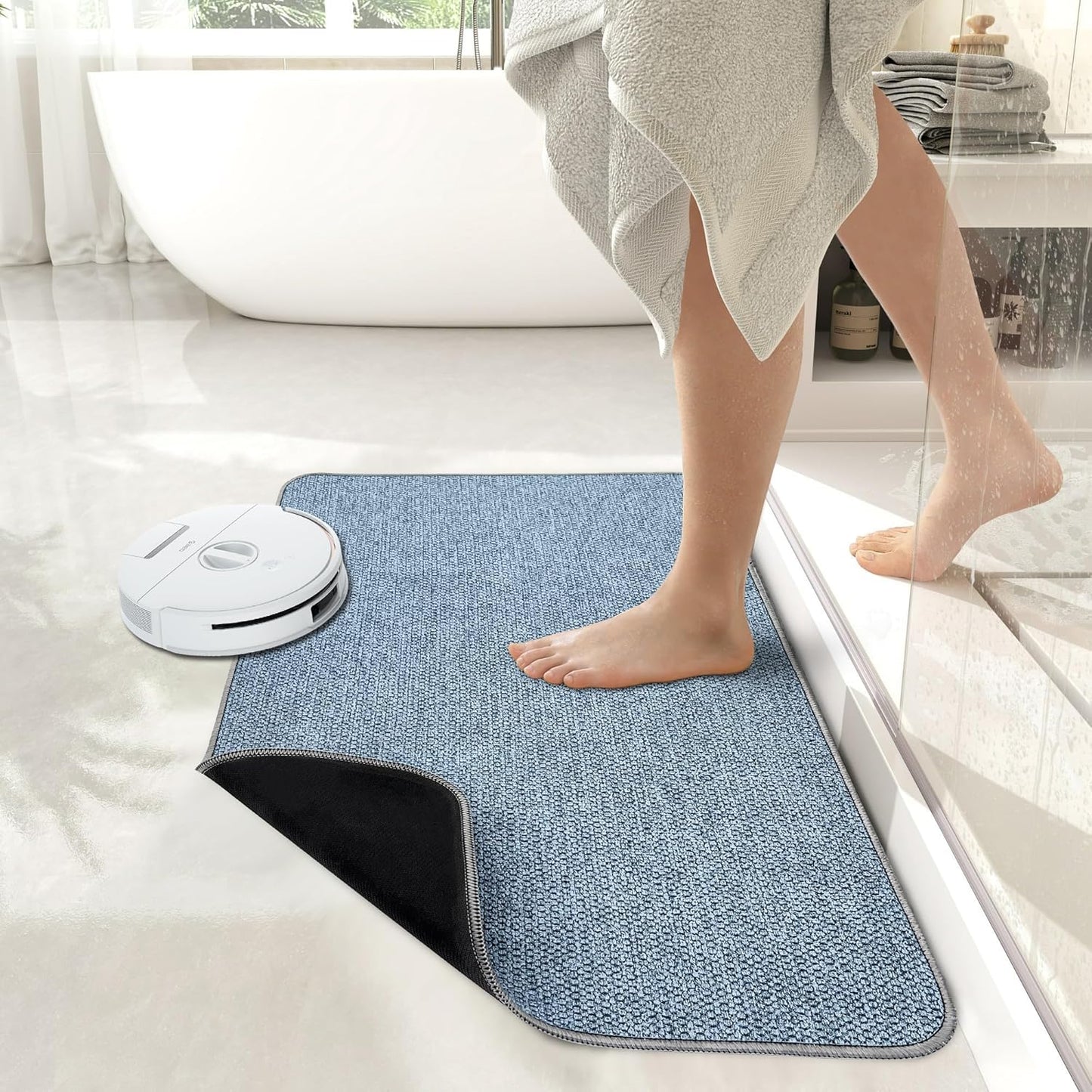 Bath Mat,Ultra Thin Bathroom Runner Rugs,Large Bath Mats for Bathroom,Quick Dry,Non-Slip,Machine Washable,Low Pile,Bath Rug,Shower Outside,Sink,Home Decor Accessories.Blue,1'5"x2'11"（17x35inch）