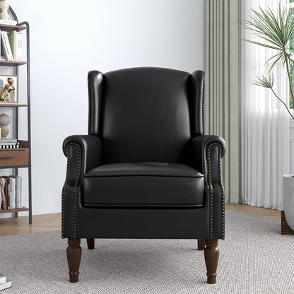 Accent Chair, Faux Leather High Back Armchair or Living Room, Comfy Upholstered Single Sofa Reading Chair with Solid Wood Legs for Office, Bedroom, Waiting Room-Black