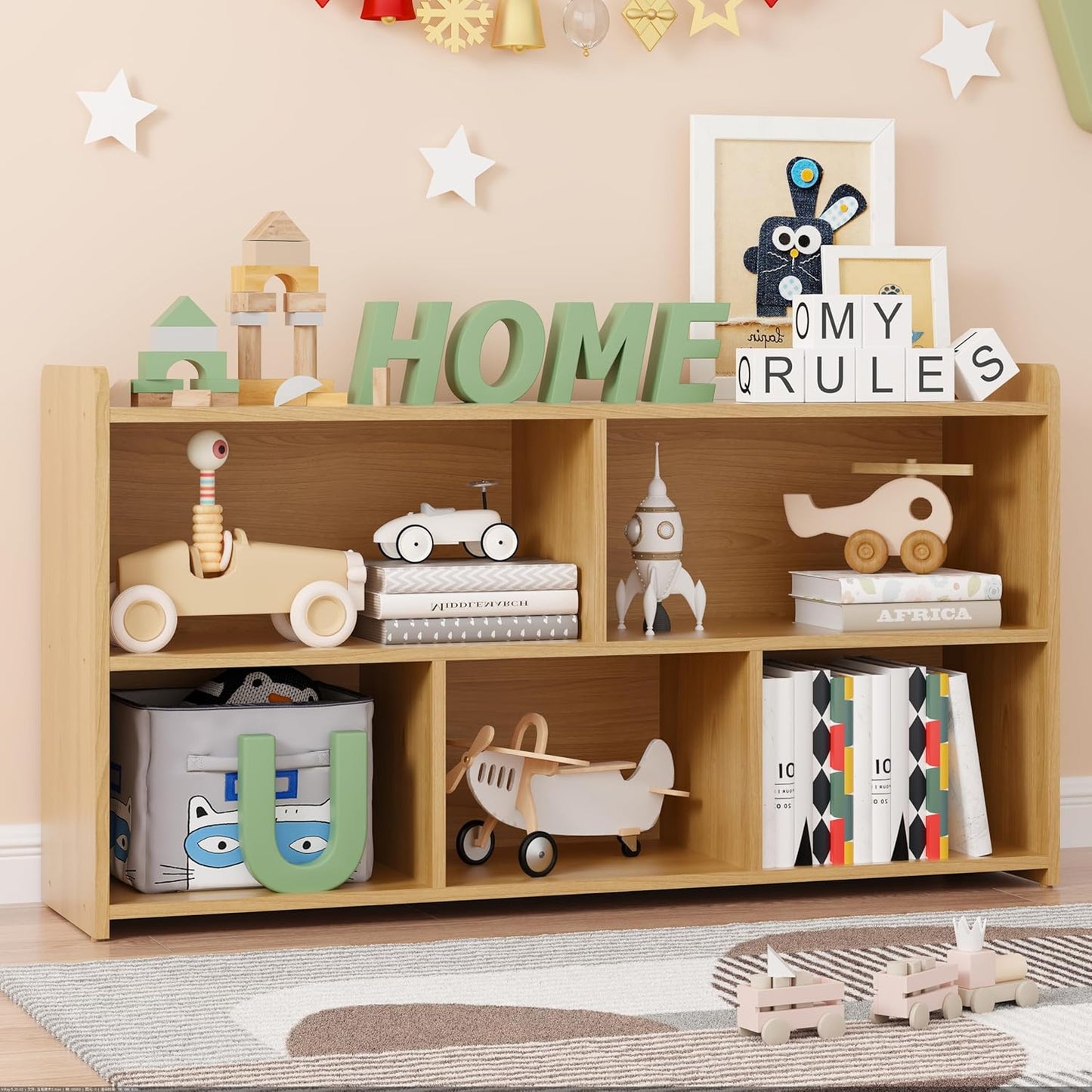 Book Shelf Set of 2, 5 Cubes Storage Organizer, Freestanding Log Bookshelf Cube Shelf for Bedroom, Living Room, Home Office, Open Bookshelf Wooden Bookcase