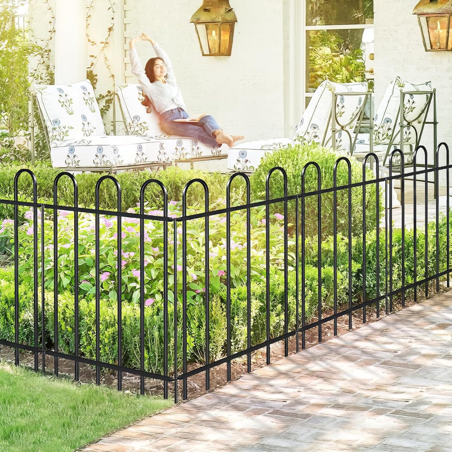Metal Garden Fence 30 in H x 16 ft L, No dig Garden Border Yard Fencing, Dog Fence Outdoor Temporary Animal Barrier for Flower Bed Lawn and Patio, 8 Panels + 9 Stakes Black
