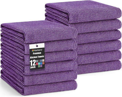 Homaxy Premium Kitchen Towels(18”x 28”, 12 Pack), Large Cotton Kitchen Hand Towels, Flat and Terry Dish Towels, 380 GSM Highly Absorbent Tea Towel Set with Hanging Loop, Purple