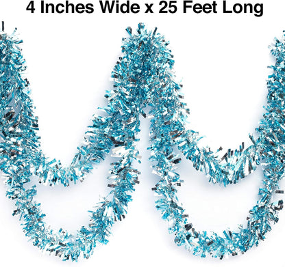 Anderson's Light Blue & Silver Sparkle Glitter Metallic Tinsel Twist for Trailer Or Golf Cart, 4 inches Wide x 25 ft Long, Christmas, Patriotic and Holiday Garland Decor for Parties and Parades