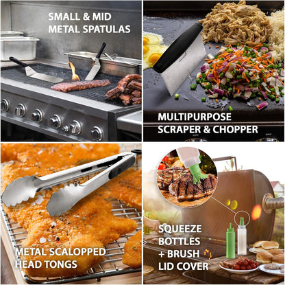 Metal Spatula Set Stainless Steel and Scraper - Professional Chef Griddle Spatulas Set of 6 - Heavy Duty Accessories Great for Cast Iron BBQ Flat Top Grill Skillet Pan