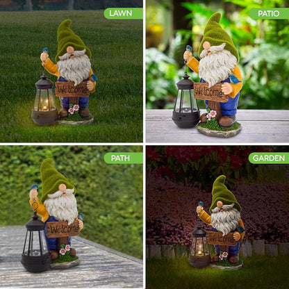 Garden Gnomes Outdoor - Flocked Gnome Statue Holding Lantern with Solar LED Lights | Gnomes Garden Decorations for Patio, Yard, Lawn Ornaments - Gnome Gifts
