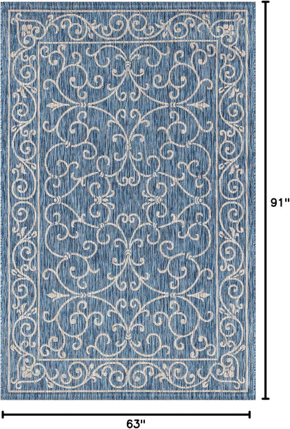 JONATHAN Y Vintage Filigree Indoor Outdoor Area Rug 5X8 Navy/Gray, Charleston Textured Weave for Backyard, Patio, Porch, Easy-Cleaning, High Traffic, Pet-Friendly, Non-Shedding (SMB106D-5)