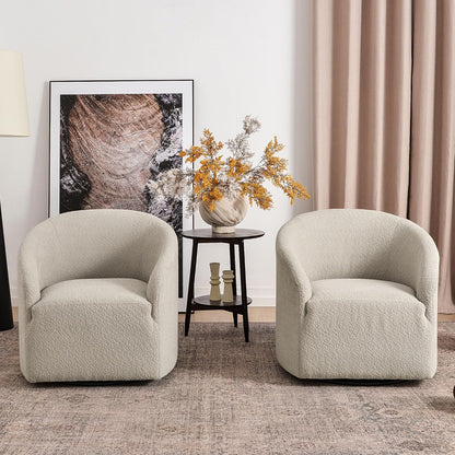 KINWELL 32" Wide Modern Boucle Swivel Barrel Chairs Set of 2, No Assembly Round Upholstered Swivel Accent Armchairs for Living Room, Bedroom (Oatmeal)