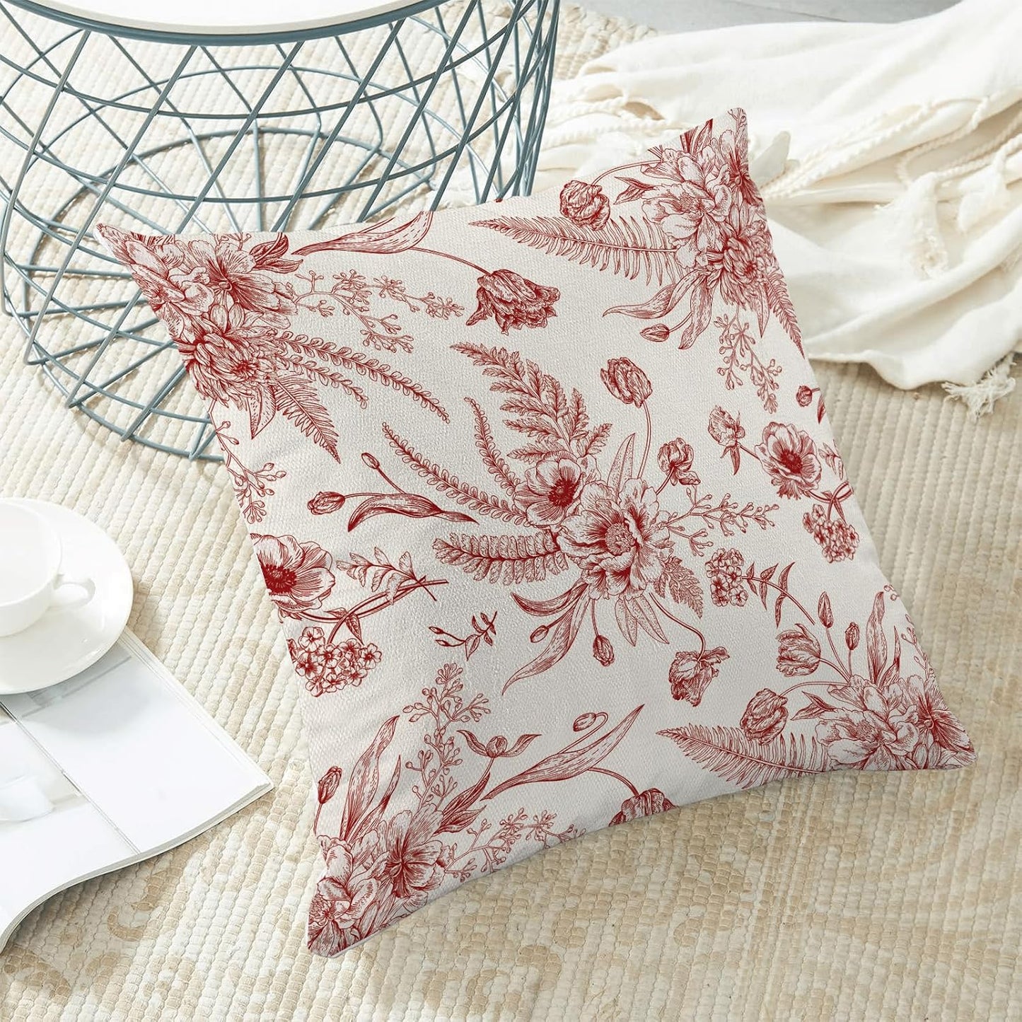 Wine Red Spring Pillow Covers 18 x 18 Inch Set of 2 for Chinoiserie Flowers Decor Throw Pillows Burgundy Floral Leaves Seasonal Plant Outdoor Decorative Cushion Cases for Couch Bed Decorations