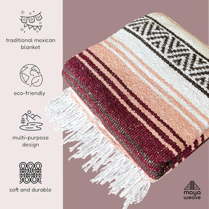Traditional Handwoven Mexican Blanket, Large Falsa Serape - Soft & Durable Yoga Blanket - Vibrant Beach, Picnic & Camping Blanket - Lightweight Boho Throw 70"x50"
