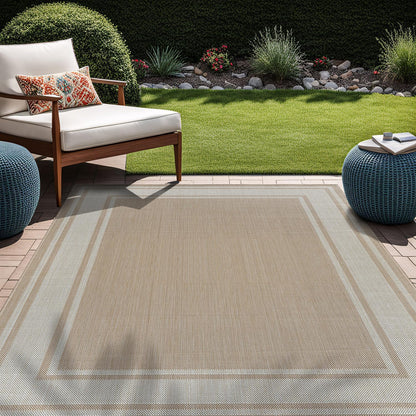 Beverly Rug Large Outdoor Rug 10x14 Modern Bordered Area Rugs for Indoor and Outdoor Patio Deck Porch Garden Waterproof Weather Sun Resistant Washable Outside Carpet (10 x 14 Beige)