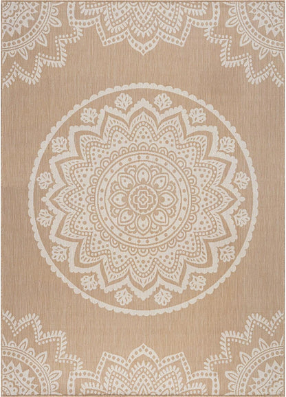 CAMILSON Outdoor Rug 5x7 Modern Area Rugs for Indoor and Outdoor Patios and Porches - Waterproof, Washable, Non-Shedding, Easy-to-Clean Outside Carpet (5 x 7, Medallion - Beige/White)