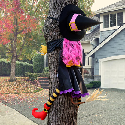 POPGIFTU 51" Halloween Crashing Witch Decoration – Pink Flying Witch for Tree, Yard, Porch, and Indoor Outdoor Halloween Décor