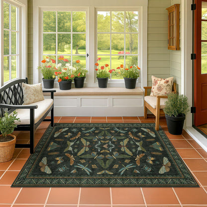 Dark Green 4x6 Washable Area Rug for Living Room, Bedroom, Large Entryway, Kitchen, Ultra Soft Non Slip Stain Resistance, Floral Forest with Brown Aethestic Design