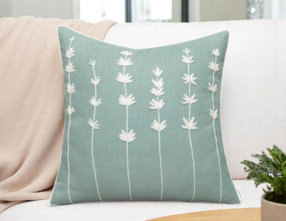 VAGMINE Hand Embroidered Daisy Accent Throw Pillow Cover - 20x20 Inches Square - 100% Cotton Light Teal Decorative Cushion Cover for Couch, Sofa, Bed - Textured Embroidery - Elegant Floral Home Décor