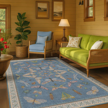 Modern Rugs for Living Room - 5x8 Moth Blue Carpet for Bedroom Under Bed, Girls Room Rug for Kids, Washable Non Slip Soft Floor Décor