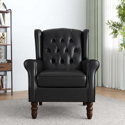 High Back Accent Chair,Upholstered Faux Leather Wingback Armchair with Solid Wood Legs for Small Spaces,Comfy Single Sofa Chair for Living Room,Bedroom,Office-Black