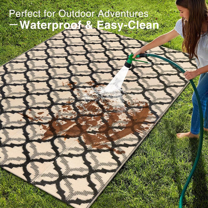 OLANLY Reversible Outdoor Rug 5x8 ft Clearance, Waterproof Outdoor Plastic Straw Rug with Interlacing Pattern, RV Mat for Patio, Camping, Balcony, Deck, Backyard, Black & Beige