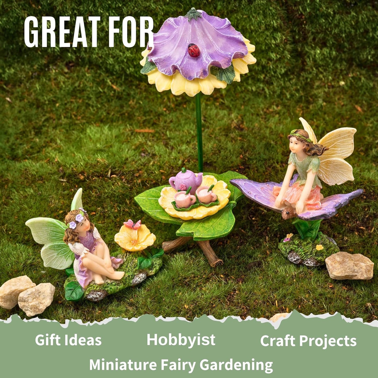 PRETMANNS Fairy Garden Accessories - Adorable Fairies for Gardens, Cute Miniatures with Furniture Kit