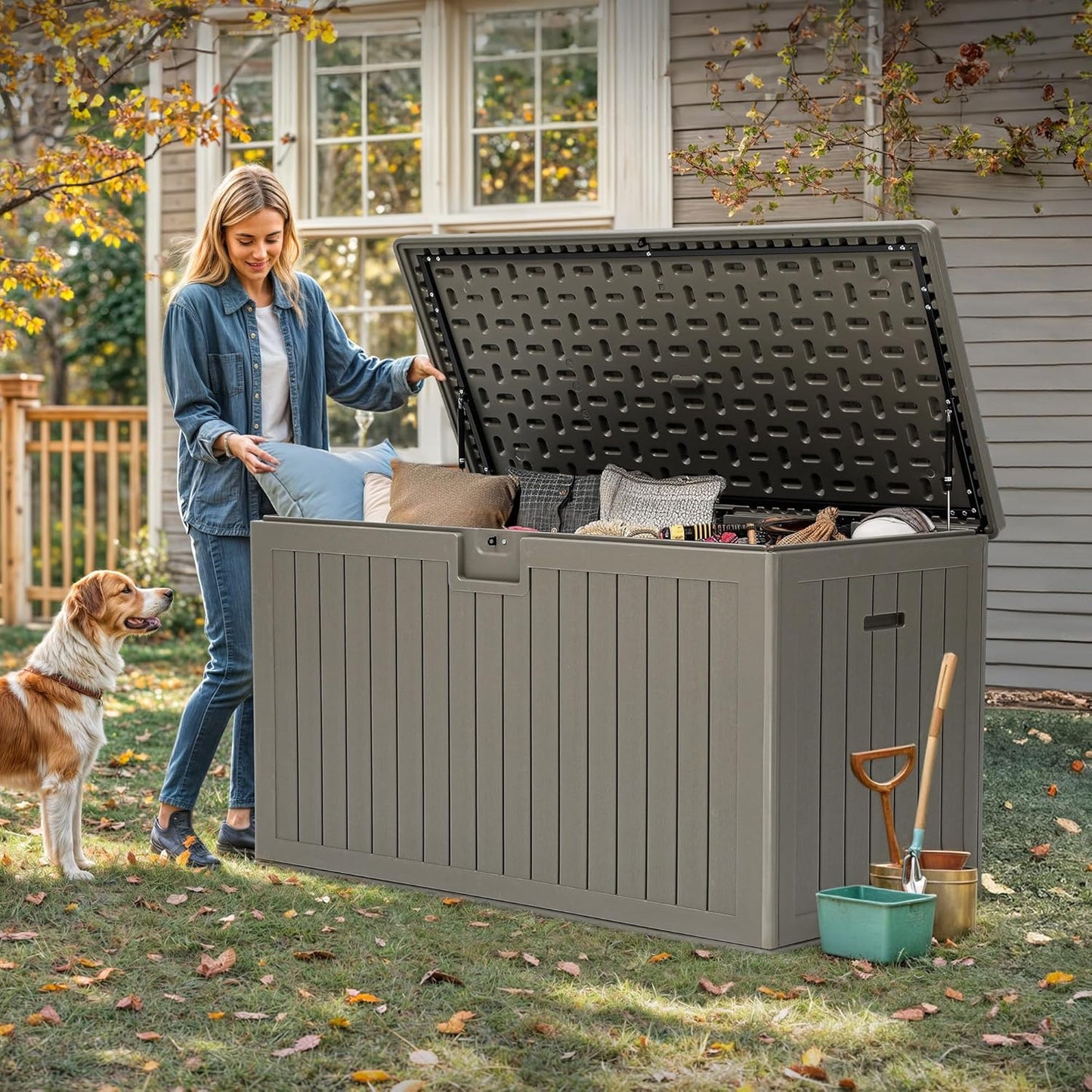 YITAHOME 200 Gallon Double-Wall Deck Box with Divider & Side Handles, Outdoor Large Storage for Patio Furniture Cushions, Garden Pool Accessories, Water Resistant & Lockable