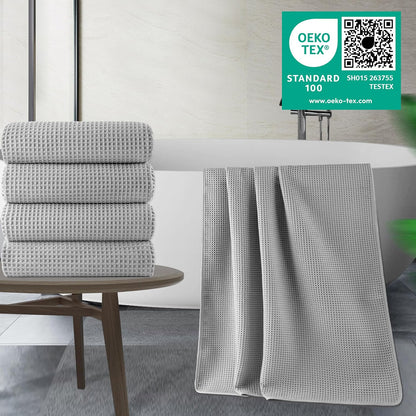 POLYTE Microfiber Oversize Quick Dry Lint Free Bath Towel, 60 x 30 in, 4 Pack (Waffle Weave)