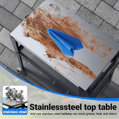 3-Shelf Outdoor Grill Table & Pizza Oven Cart with Wheels, Stainless Steel BBQ Prep Table with Hooks, Mobile Grill Stand for Blackstone/Ooni (Stainless Steel)