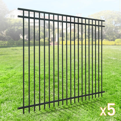 Fencer Wire Pack of 5 Heavy Duty Flat Top Fence Barrier Panel, 6FT Height X 8FT Width Anti-Rust Metal Fencing Panel, 2” Diameter Steel Outdoor Decorative Garden Fence Panel for Yard, Pool, Patio
