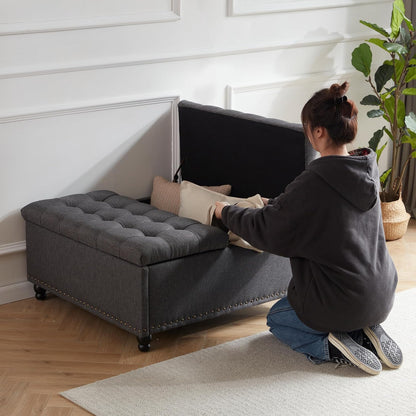 Tbfit Large Square Storage Ottoman Bench, Tufted Upholstered Coffee Table Ottoman with Lift Top & Wooden Legs, Oversized Storage Ottomans Toy Box for Living Room (Dark Grey)