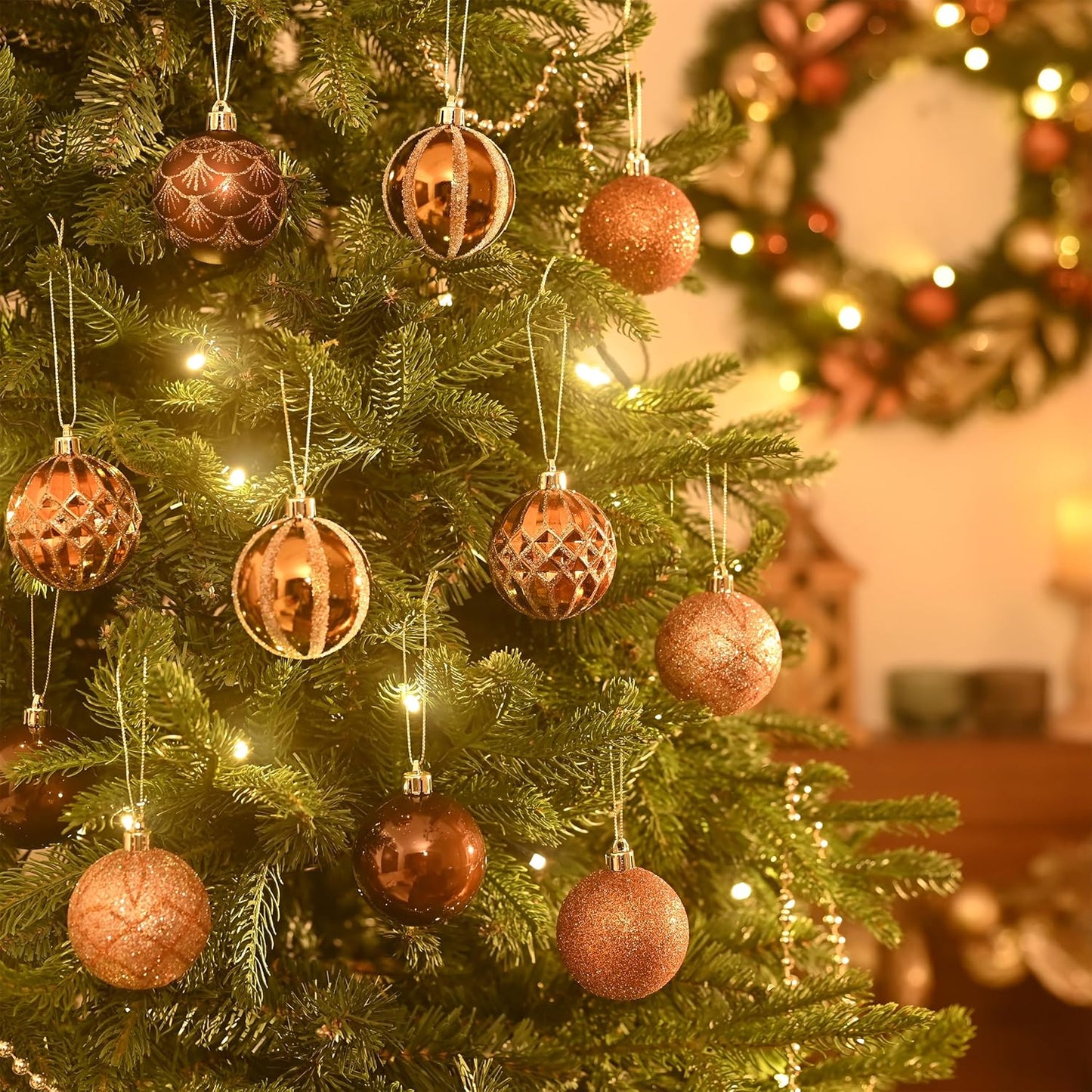 Valery Madelyn Christmas Ornaments Set, 30ct 2.36 Inches Bronze Copper Brown Gold Shatterproof Christmas Tree Decorations Ball Ornaments Bulk, Elegant Hanging Ornaments for Xmas Holiday Party Decor