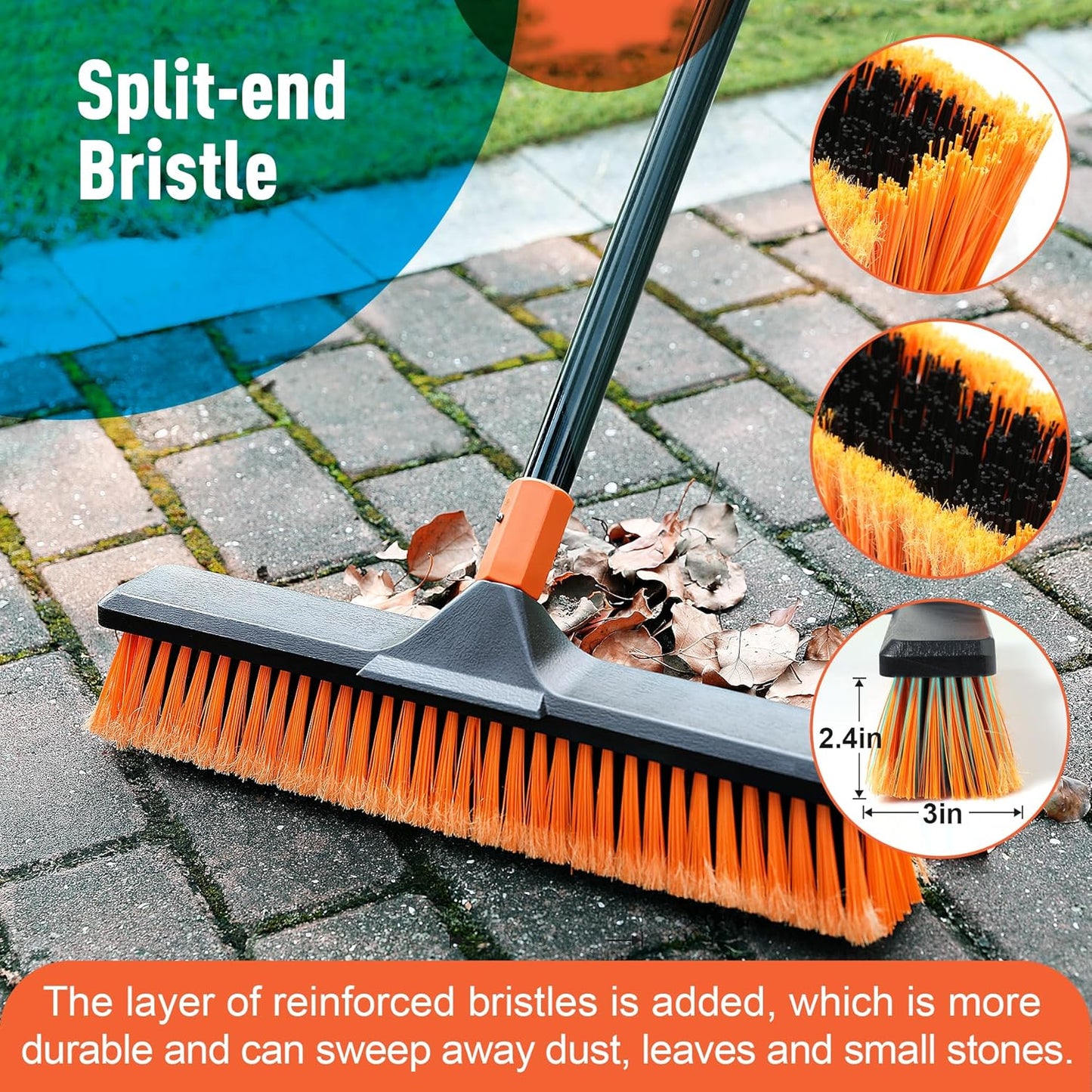 18" Push Broom Outdoor for Floor Cleaning with Extendable Long Handle, Stiff Bristle Heavy Duty Broom for Bathroom, Kitchen, Tub, Tile, Patio, Deck, Concrete, Industrial