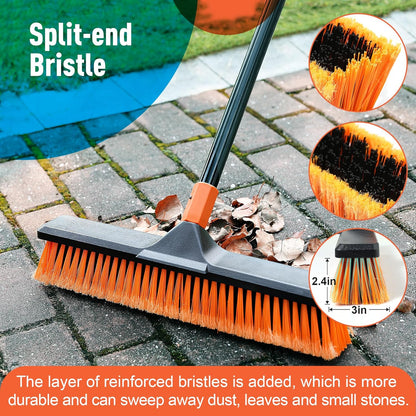 18" Push Broom Outdoor for Floor Cleaning with Extendable Long Handle, Stiff Bristle Heavy Duty Broom for Bathroom, Kitchen, Tub, Tile, Patio, Deck, Concrete, Industrial