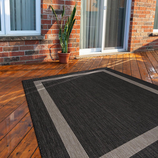 CAMILSON Outdoor Rug 6x9,Modern Outside Rugs for Patios Porches Waterproof Durable Washable Non-Shedding, Easy-to-Clean Indoor Outdoor Area Carpet (6 x 9, Bordered - Dark Gray/Light Gray)