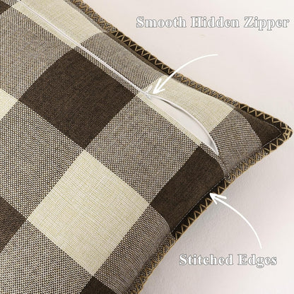 decorUhome Buffalo Plaid Check Throw Pillow Covers 18x18 Set of 2, Outdoor Decorative Farmhouse Neutral Pillow Covers with Stitched Edge for Bed Couch Sofa, Brown and Beige
