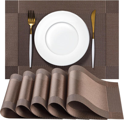 Placemats Set of 6 - Easy Clean Woven Vinyl Placemats for Dining Table, Indoor/Outdoor Place Mats, Washable PVC Table Mats（Brown Cube）