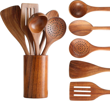 Wooden Spoons for Cooking, Cooking Utensils Set of 6 Natural Teak Wooden Cooking Spatulas with Utensils Holder Comfort Grip Wooden Kitchen Utensils for Nonstick Cookware