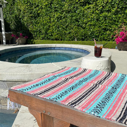 Del Mex Classic Mexican Blanket, Large Authentic Woven Falsa Throw (70"x50"), Artisan Southwest Décor for Beach, Yoga, Outdoors (Mint/Tan/Pink)