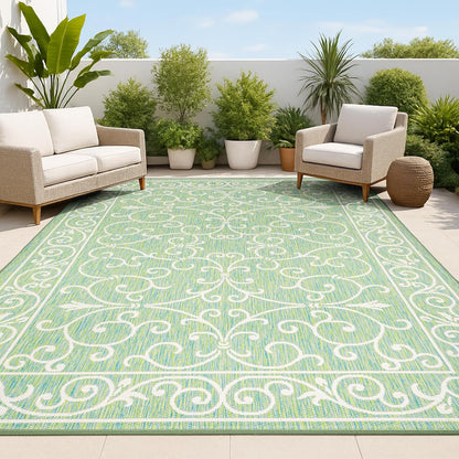 JONATHAN Y Vintage Filigree Indoor Outdoor Area Rug 4X6 Green/Ivory, Charleston Textured Weave for Backyard, Patio, Porch, Easy-Cleaning, High Traffic, Pet-Friendly, Non-Shedding (SMB106K-4)