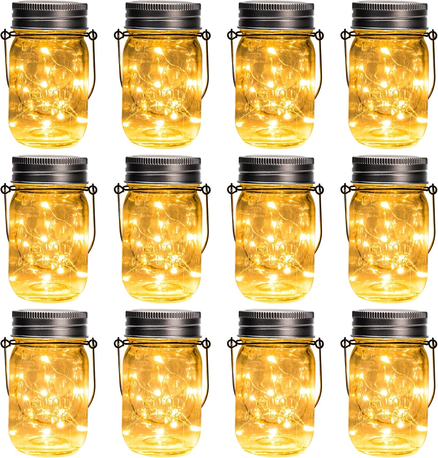 GIGALUMI Solar Mason Jar Lights, 12 Pack 30 Led String Fairy Lights Garden Lights Outdoor Waterproof Hanging Solar Lanterns for Outdoor, Garden, Patio, Lawn, Balcony Decoration