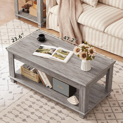 Farmhouse Coffee Tables for Living Room,Square Tea Table with Open Storage Shelf,Large Coffee Table,Rustic Wooden Center Table,Gray