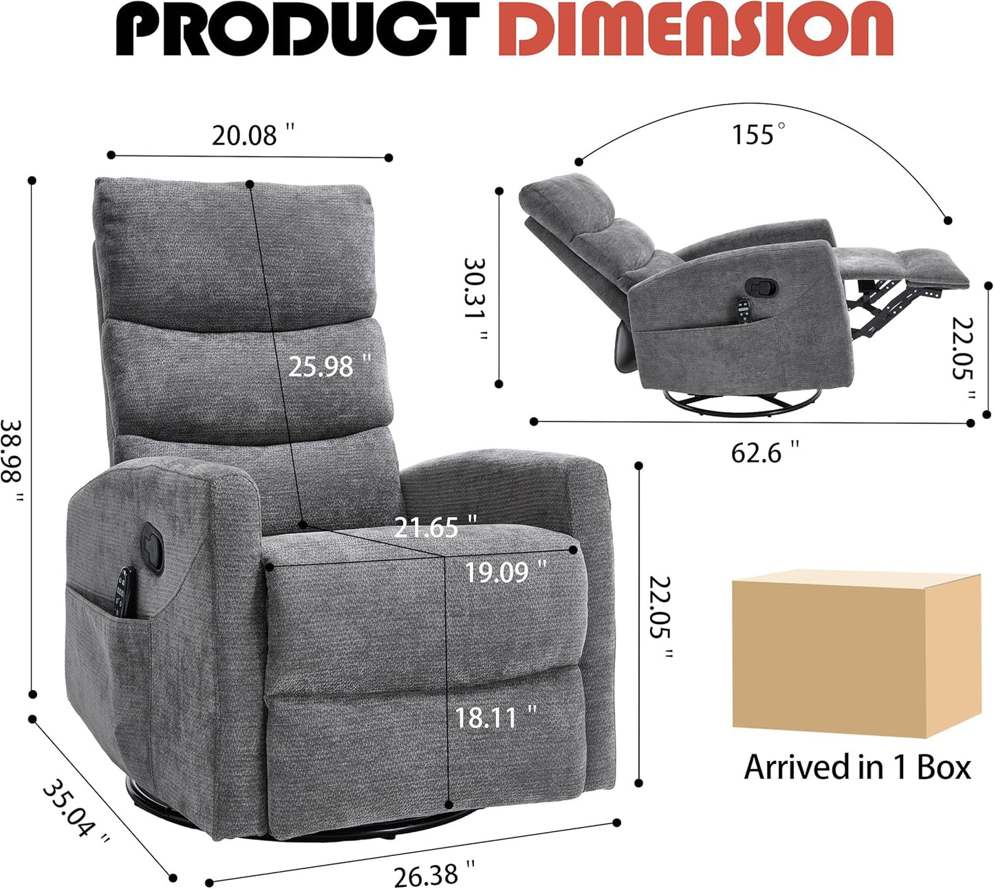 Manual Swivel Rocker Recliner Chair for Adults, Overstuffed Reclining Glider Chair for Nursing with Vibration Massage & Heat, Living Room Rocking Recliner 3-Stage backrest, Chenille Fabric Dark Gray