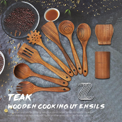 Teak Wooden Spoons for Cooking - 9 Pcs Comfort Grip Kitchen Utensil Set with Holder & Rest