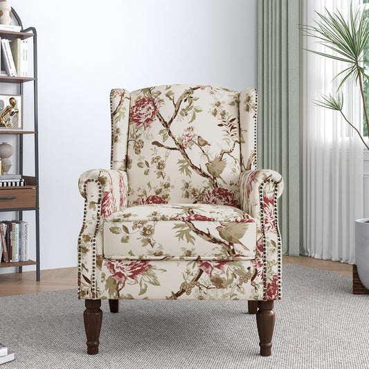 Lumibee Wingback Accent Chair,High Back Floral Armchairs in Fabric,Comfy Upholstered Reading Single Sofa Chair with Solid Wood Legs for Living Room,Bedroom,Office-Floral Beige