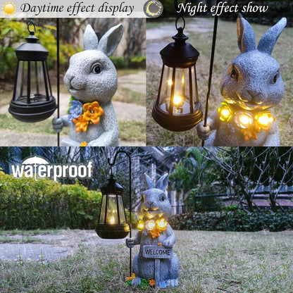 Solar Rabbit Garden Statues Outdoor Décor with Lantern- Rabbit Figurines Solar LED Light Lawn Ornaments - Yard Decorations for Patio, Balcony, Backyard -Unique House Warming Gifts for Mom